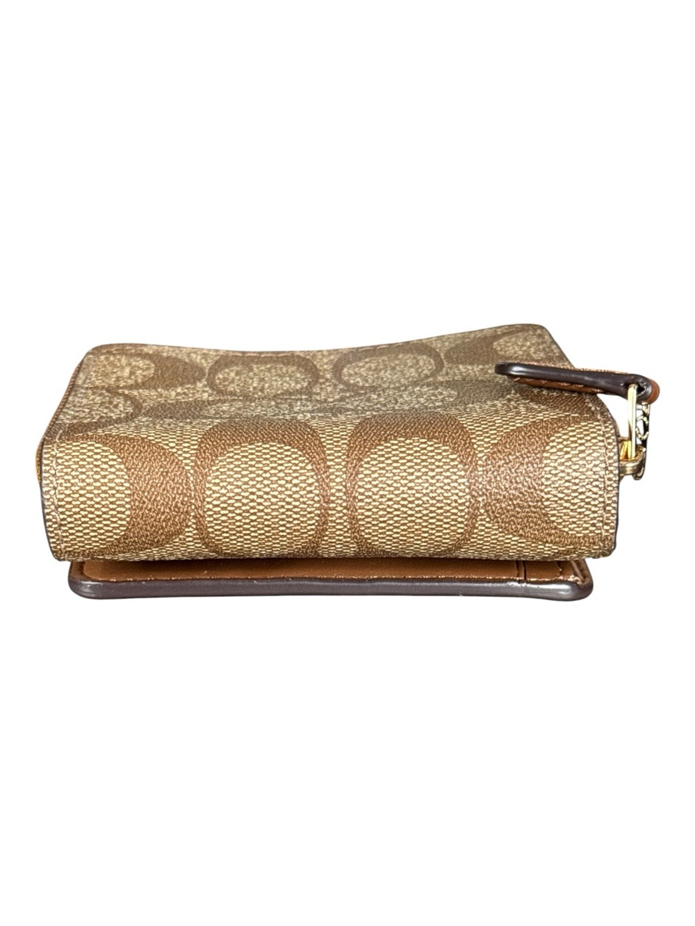 COACH Small Tri-Fold Wallet in Khaki and Gold Signature Coated Canvas - Picture 4 of 10